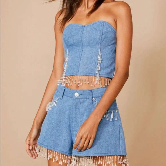 Nasty Gal Premium Chandelier Embellished Denim Bustier Top - Picture 3 of 7